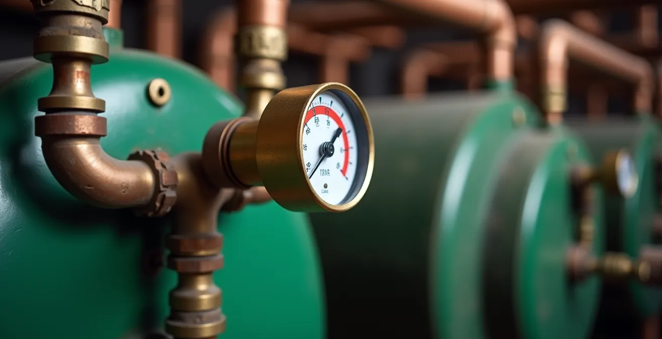 Tridicator gauge showing pressure and temperature readings on a boiler system