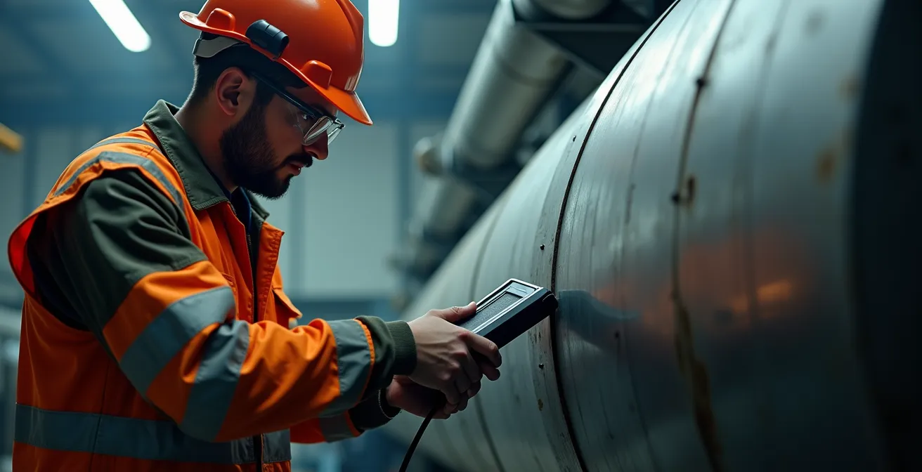 Certified technician performing ultrasonic thickness testing on residential oil tank in Quebec basement