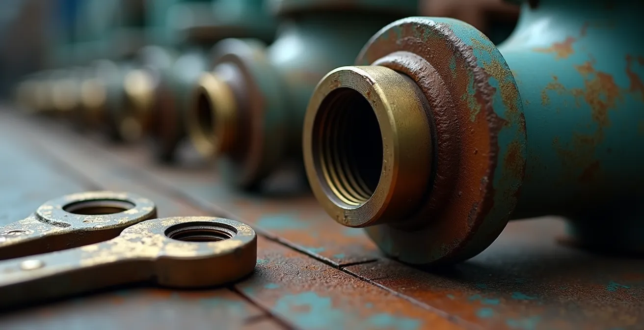 Extreme close-up of valve stem with maintenance tools in industrial setting
