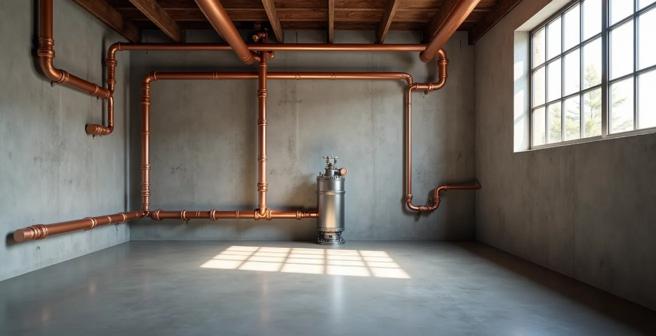 Wide shot of water hammer arrestor device installed on residential copper plumbing system