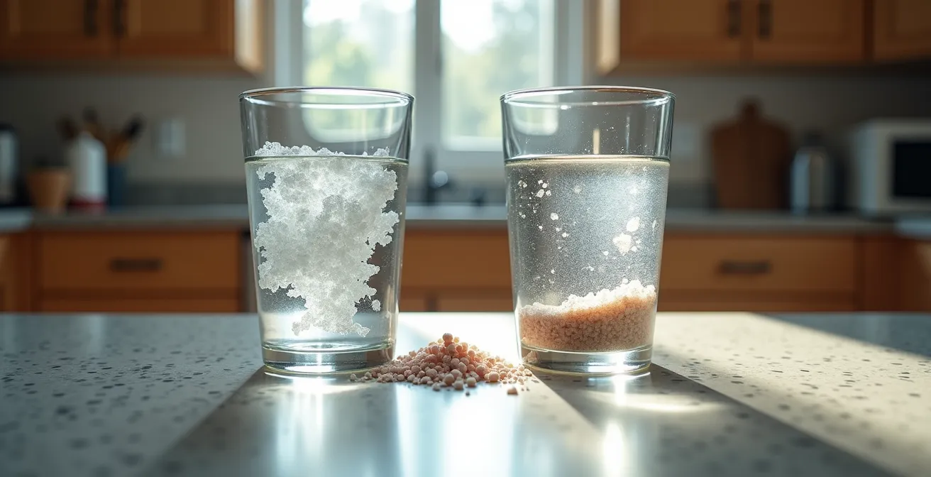 Cross-section diagram showing water softener not removing lead particles from water