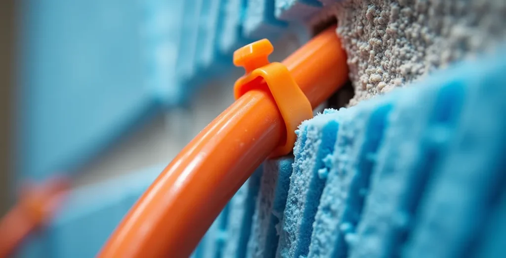 Close-up view of PEX tubing being secured to foam insulation panels before concrete pour in basement renovation Close-up view of PEX tubing being secured to foam insulation panels before concrete pour in basement renovation