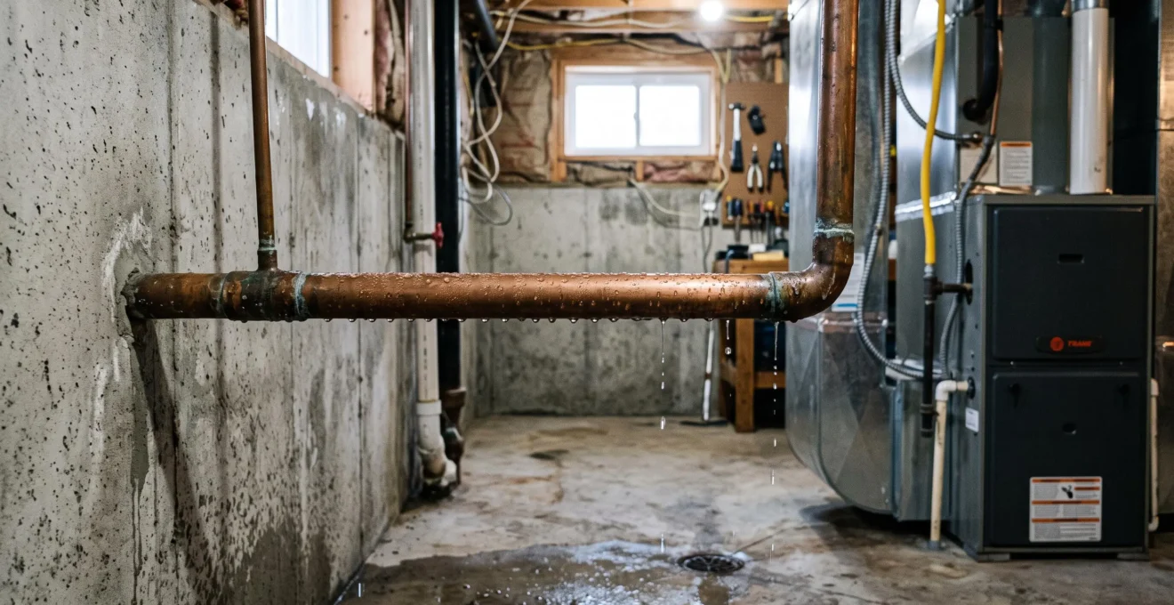 Uninsulated copper AC refrigerant pipes with water condensation droplets in Quebec basement mechanical room