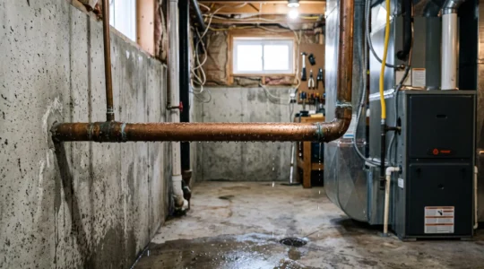 Uninsulated copper AC refrigerant pipes with water condensation droplets in Quebec basement mechanical room