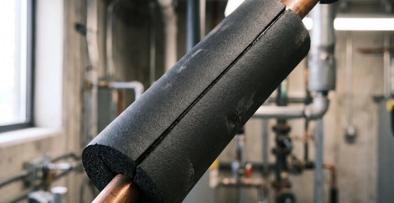 Black foam pipe insulation properly installed on copper AC refrigerant line showing sealed seam