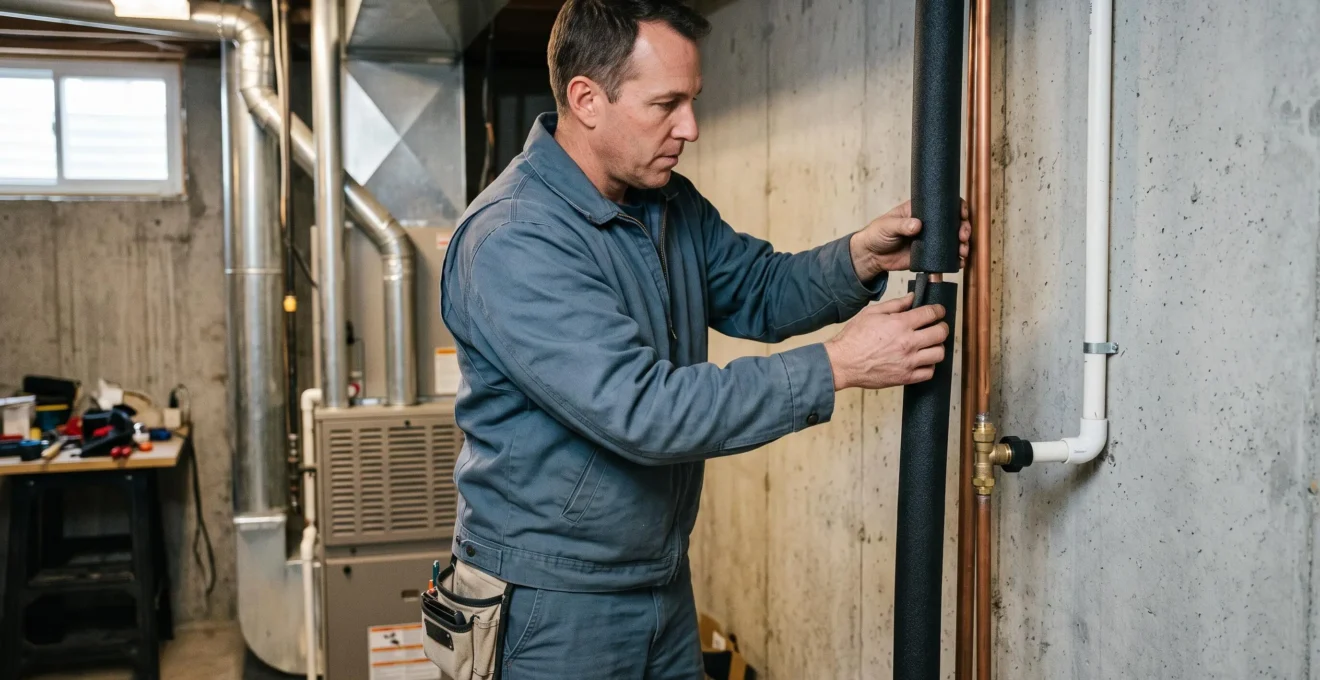 HVAC technician installing foam insulation on refrigerant pipes in basement mechanical room