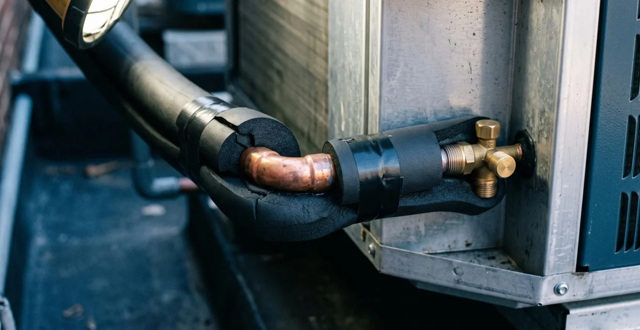 Detailed view of foam insulation carefully fitted around refrigerant pipe elbow junction and AC connection point